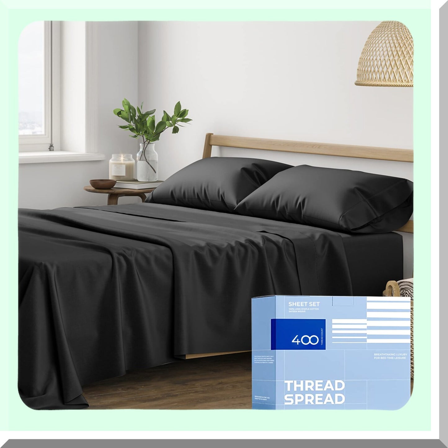 CoolCotton Queen Sheet Set - 400 Thread Count 4 Piece Soft & Breathable Sateen Weave Bed Sheets for Deep Pocket Queen Beds. Black Color.