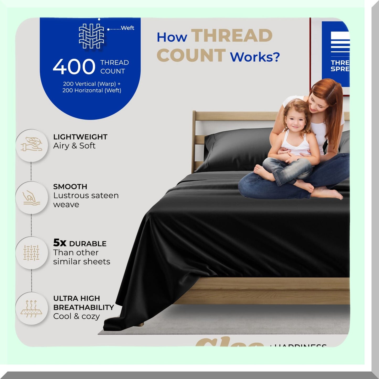 CoolCotton Queen Sheet Set - 400 Thread Count 4 Piece Soft & Breathable Sateen Weave Bed Sheets for Deep Pocket Queen Beds. Black Color.