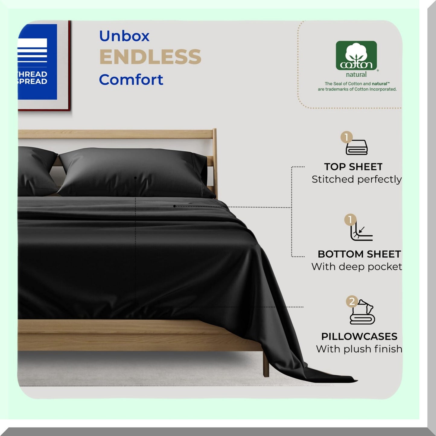 CoolCotton Queen Sheet Set - 400 Thread Count 4 Piece Soft & Breathable Sateen Weave Bed Sheets for Deep Pocket Queen Beds. Black Color.