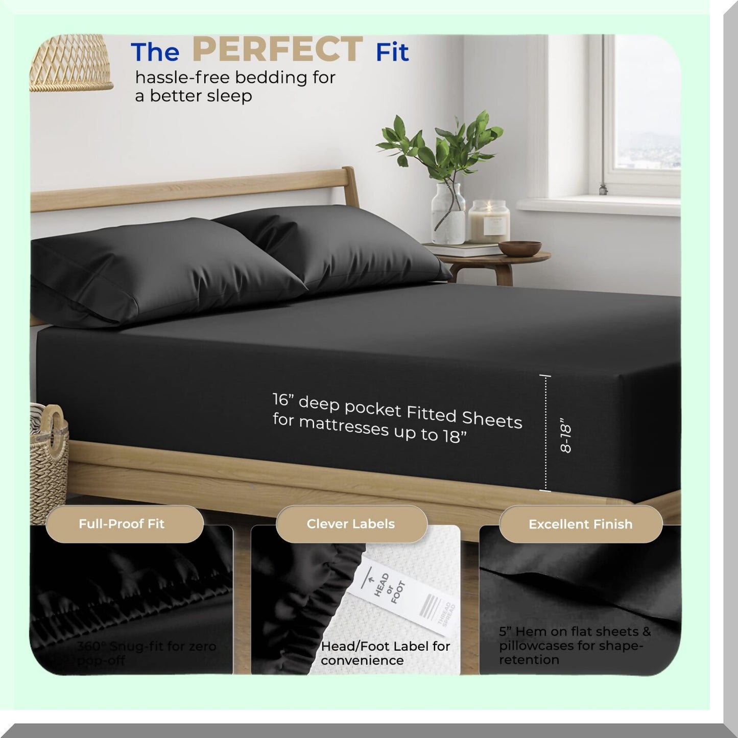 CoolCotton Queen Sheet Set - 400 Thread Count 4 Piece Soft & Breathable Sateen Weave Bed Sheets for Deep Pocket Queen Beds. Black Color.