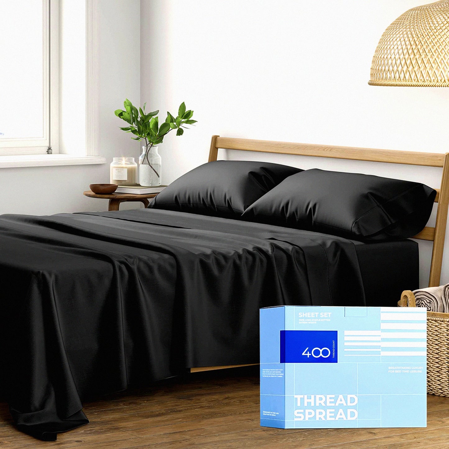 CoolCotton Queen Sheet Set - 400 Thread Count 4 Piece Soft & Breathable Sateen Weave Bed Sheets for Deep Pocket Queen Beds. Black Color.