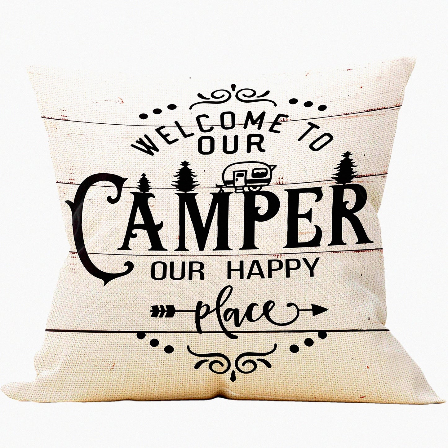 Happy Camper Pillow Cover - RV Decorations & Gifts | 18x18 Camper Decor | Best Gifts for Campers | Camper Decorations for RV Owners