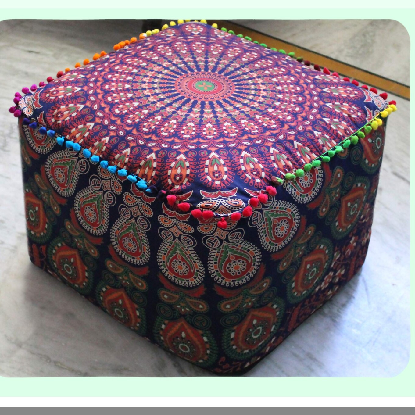 Boho Bliss Meditation Floor Pillow - Square Seating Cushion for Adults, Outdoor Living Room Decor, Throw Ottoman Pouf Cover 18X18X14 inches