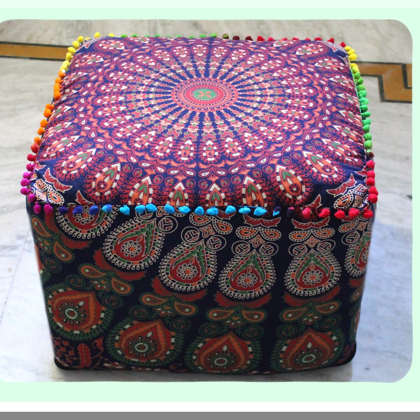 Boho Bliss Meditation Floor Pillow - Square Seating Cushion for Adults, Outdoor Living Room Decor, Throw Ottoman Pouf Cover 18X18X14 inches