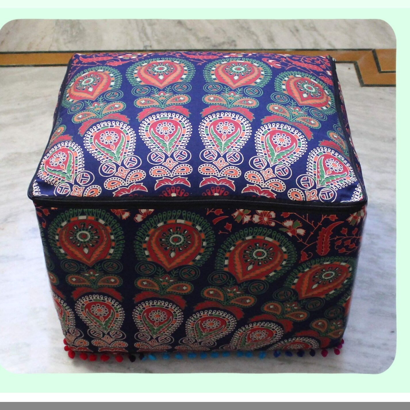 Boho Bliss Meditation Floor Pillow - Square Seating Cushion for Adults, Outdoor Living Room Decor, Throw Ottoman Pouf Cover 18X18X14 inches