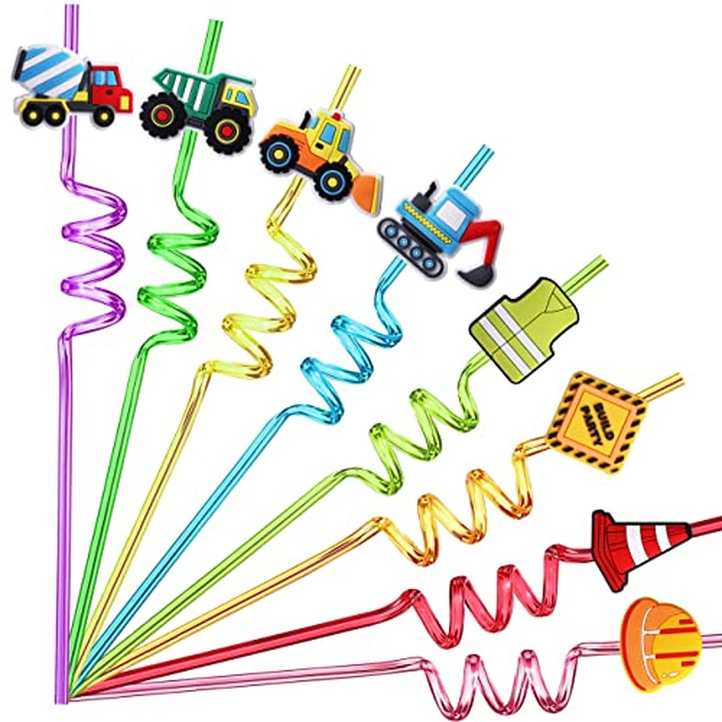 Construction Crew Party Straws - Excavator Bulldozer Blender Truck - 24 Pack with Cleaning Brushes - Construction Theme Birthday Party Supplies