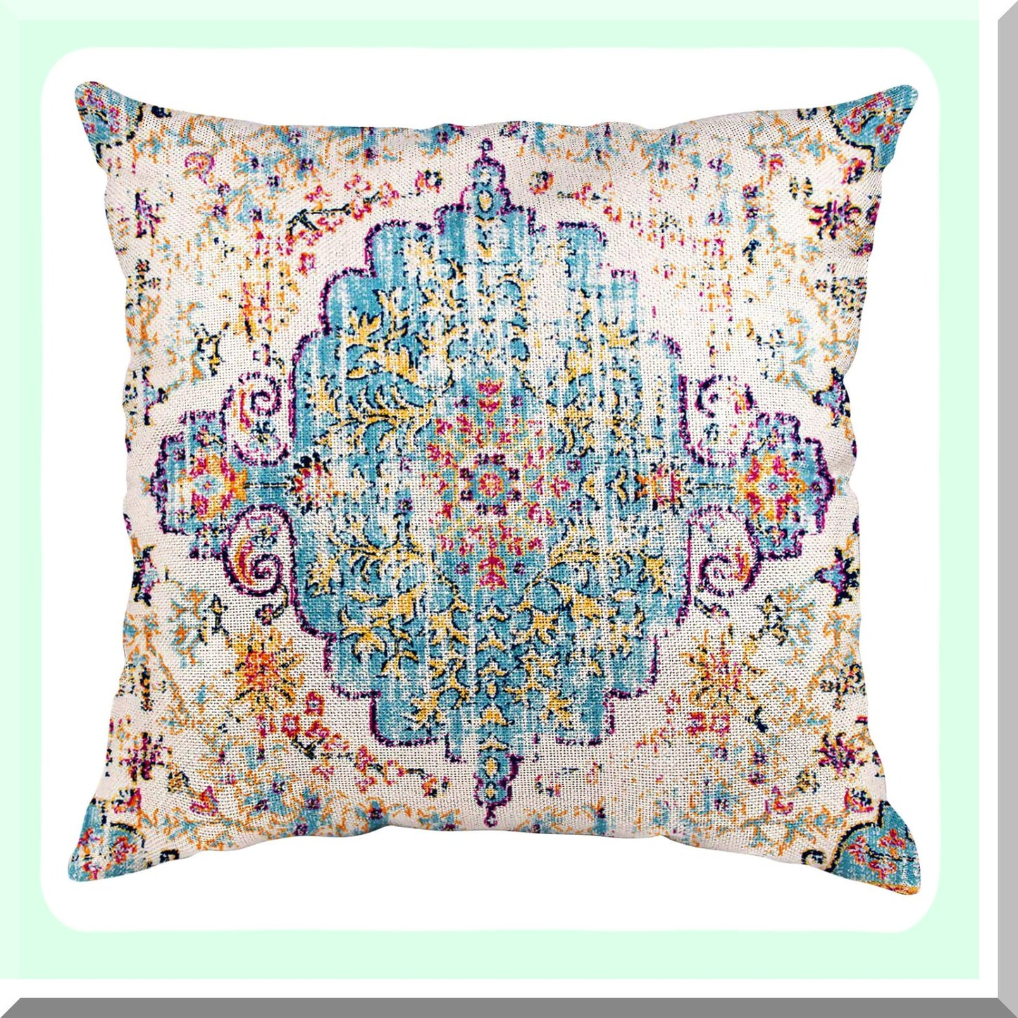 Boho Vintage Ethnic Pattern Pillowcase - Blue Purple Decorative Throw Pillow Cover for Home Decor, Antique Carpet Design, Square 20x20 Inches