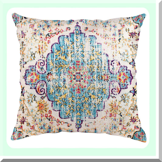 Boho Vintage Ethnic Pattern Pillowcase - Blue Purple Decorative Throw Pillow Cover for Home Decor, Antique Carpet Design, Square 20x20 Inches