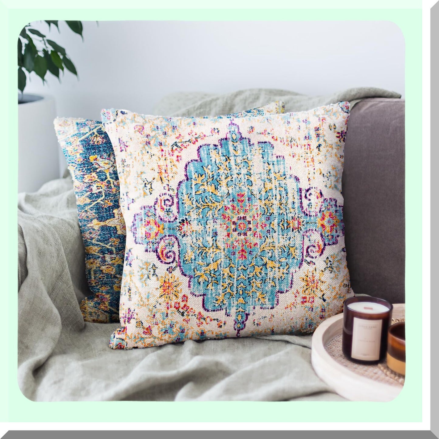 Boho Vintage Ethnic Pattern Pillowcase - Blue Purple Decorative Throw Pillow Cover for Home Decor, Antique Carpet Design, Square 20x20 Inches