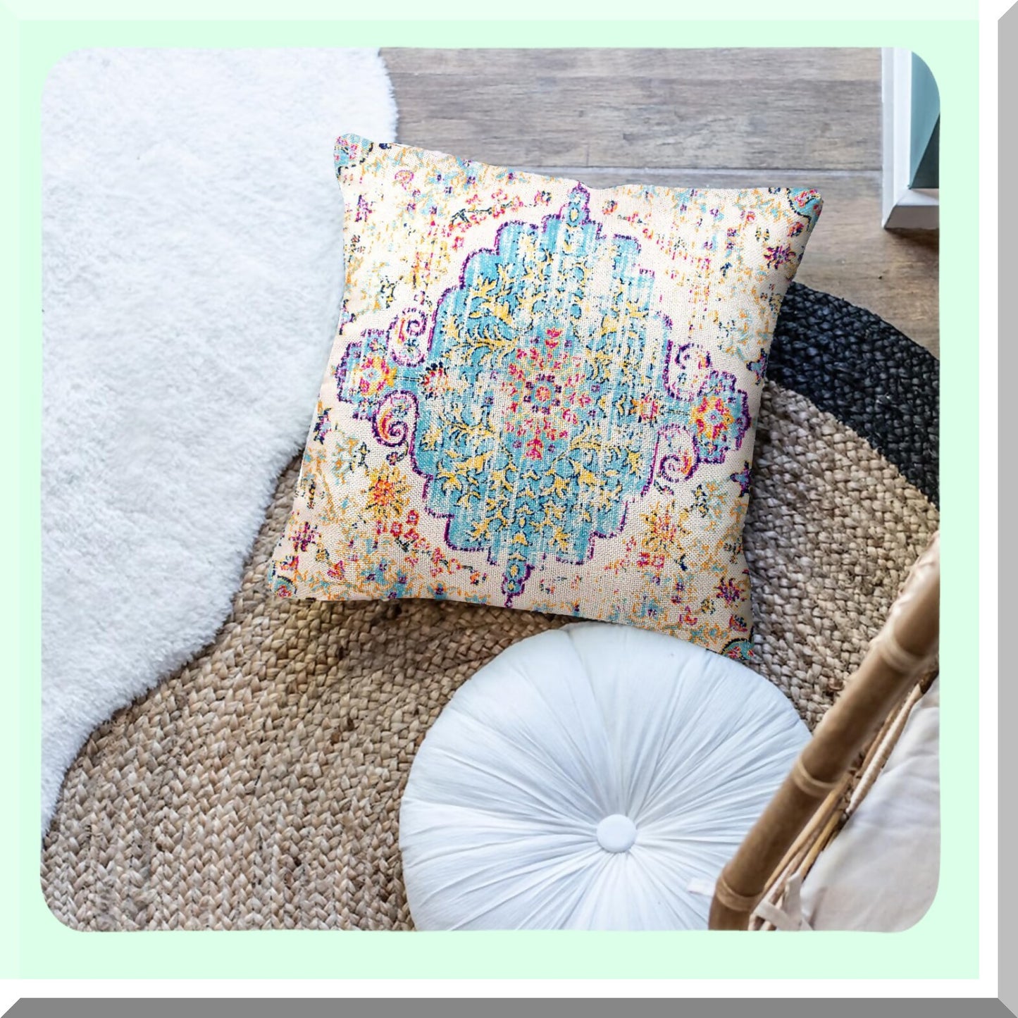 Boho Vintage Ethnic Pattern Pillowcase - Blue Purple Decorative Throw Pillow Cover for Home Decor, Antique Carpet Design, Square 20x20 Inches