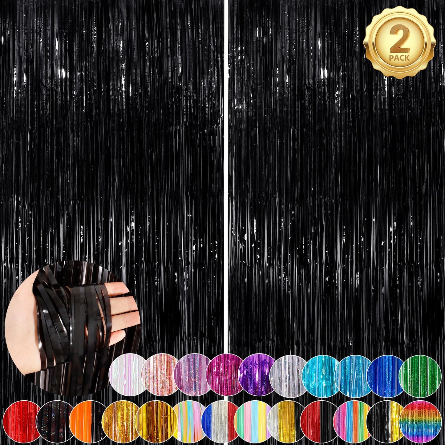 Black Fringe Party Streamers - 2 Pack 3.3x8.3 Ft Backdrop Curtains for Birthday, Wedding, Bridal, Baby Shower, Holiday Decorations - Tinsel Door Streamers
