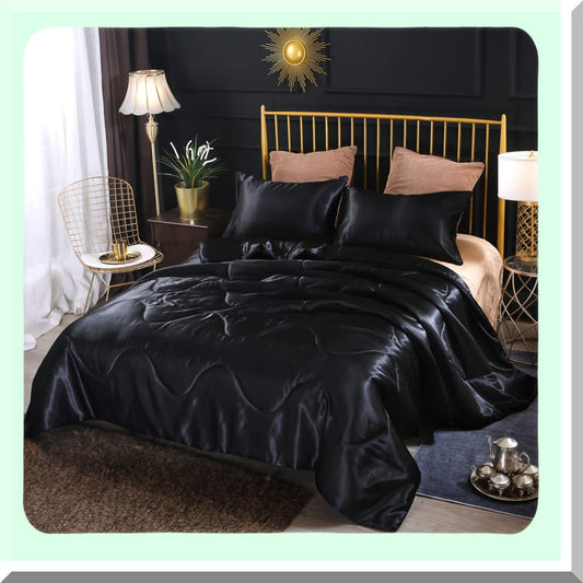 Luxury Black Silky Comforter Set - Soft Lightweight Microfiber Quilted Bedding with Matching Pillow Covers - Queen Size for Summer, Spring, Autumn