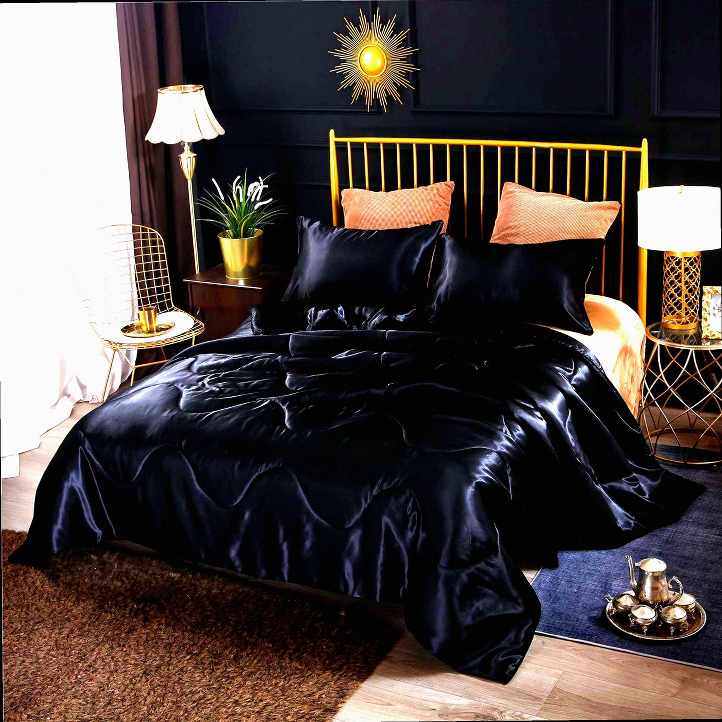 Luxury Black Silky Comforter Set - Soft Lightweight Microfiber Quilted Bedding with Matching Pillow Covers - Queen Size for Summer, Spring, Autumn