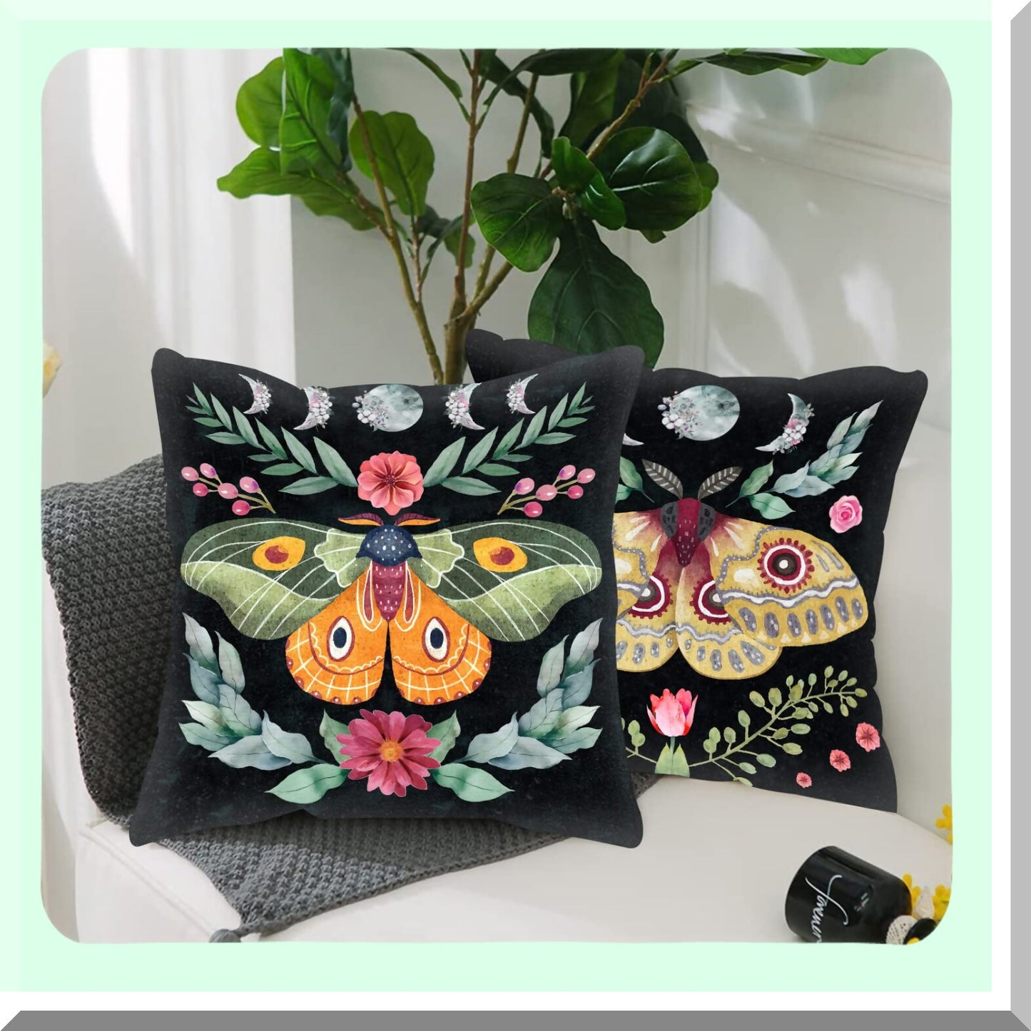 Tropical Butterfly Moon Phase Pillow Set - Nordic Style Cushion Covers - Boho Leaves Sofa Home Decor - Gift for Couch Office - 18x18 Inch