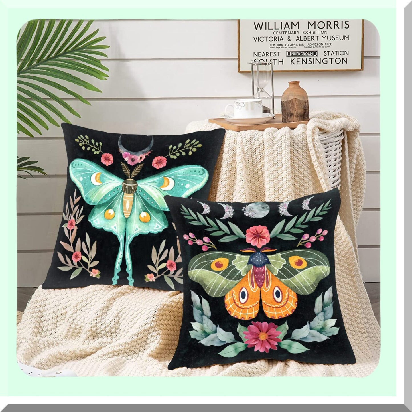 Tropical Butterfly Moon Phase Pillow Set - Nordic Style Cushion Covers - Boho Leaves Sofa Home Decor - Gift for Couch Office - 18x18 Inch