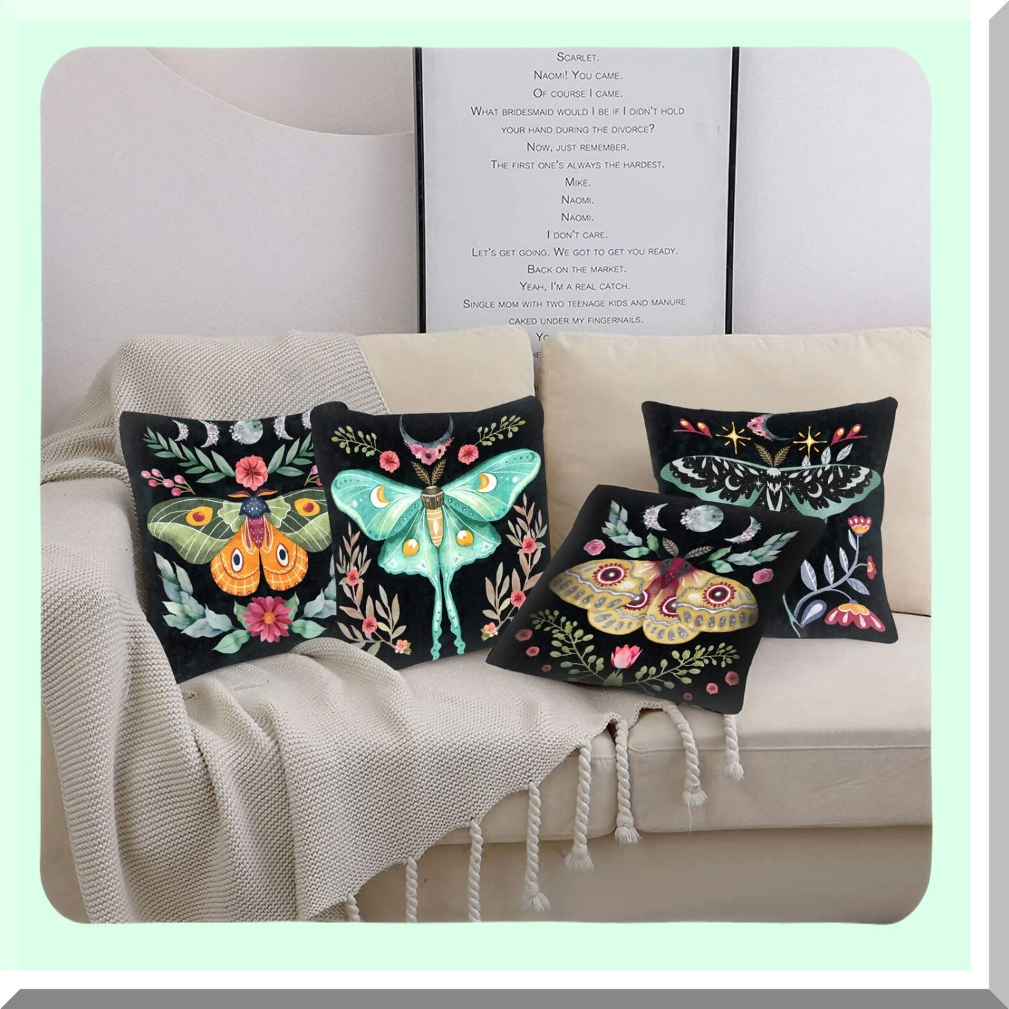 Tropical Butterfly Moon Phase Pillow Set - Nordic Style Cushion Covers - Boho Leaves Sofa Home Decor - Gift for Couch Office - 18x18 Inch