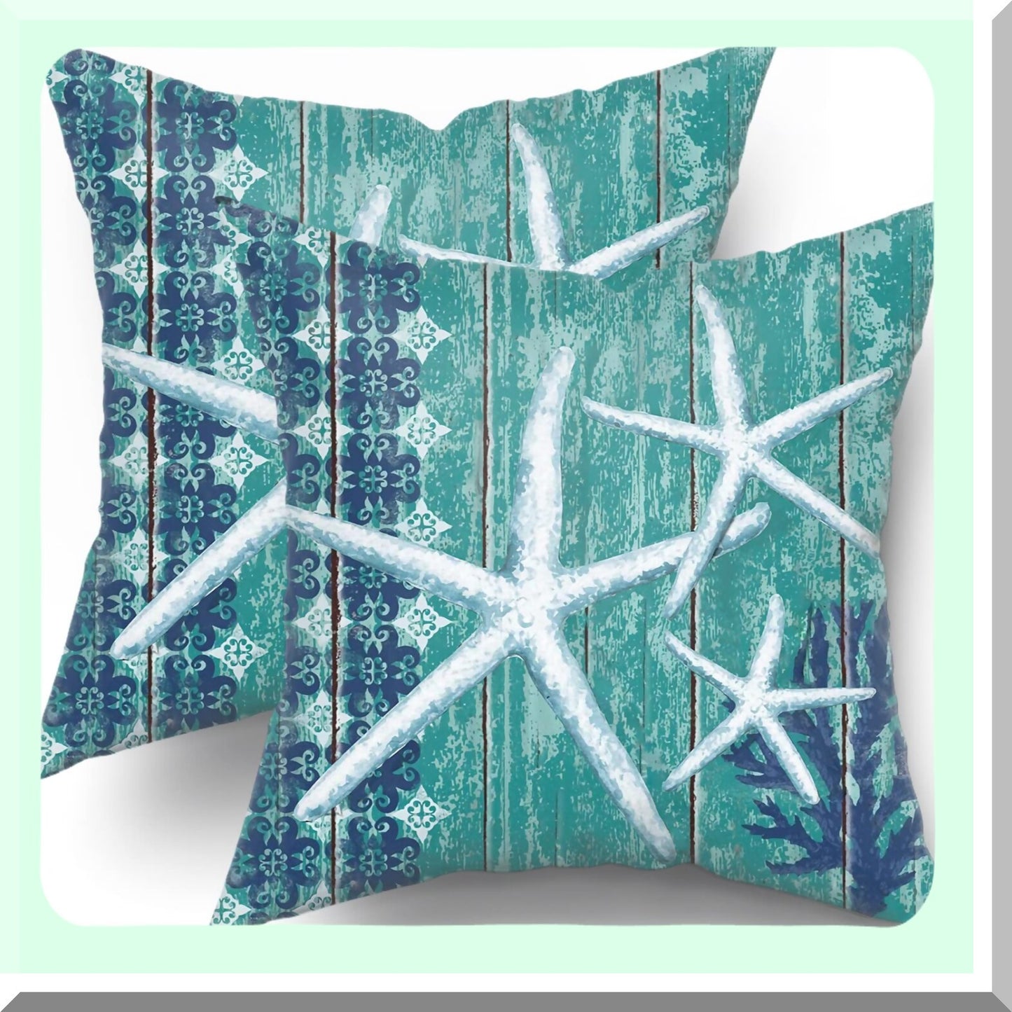 Coastal Starfish Summer Pillow Covers - Set of 2 Beach Theme Cotton Cushion Cases for Outdoor Sofa & Living Room Decor - Nautical Wodden Design