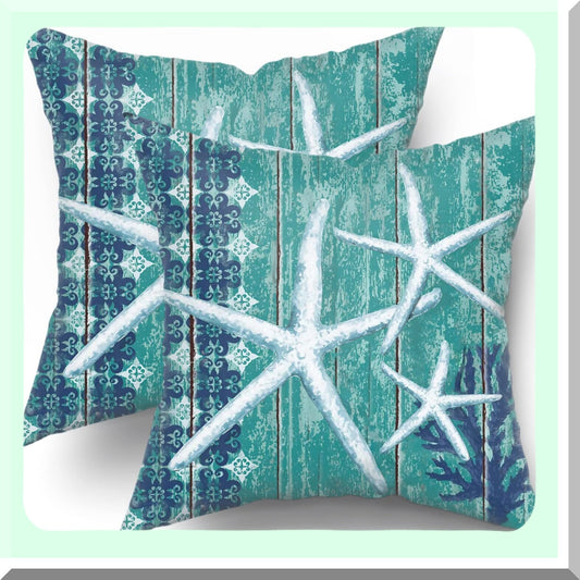 Coastal Starfish Summer Pillow Covers - Set of 2 Beach Theme Cotton Cushion Cases for Outdoor Sofa & Living Room Decor - Nautical Wodden Design