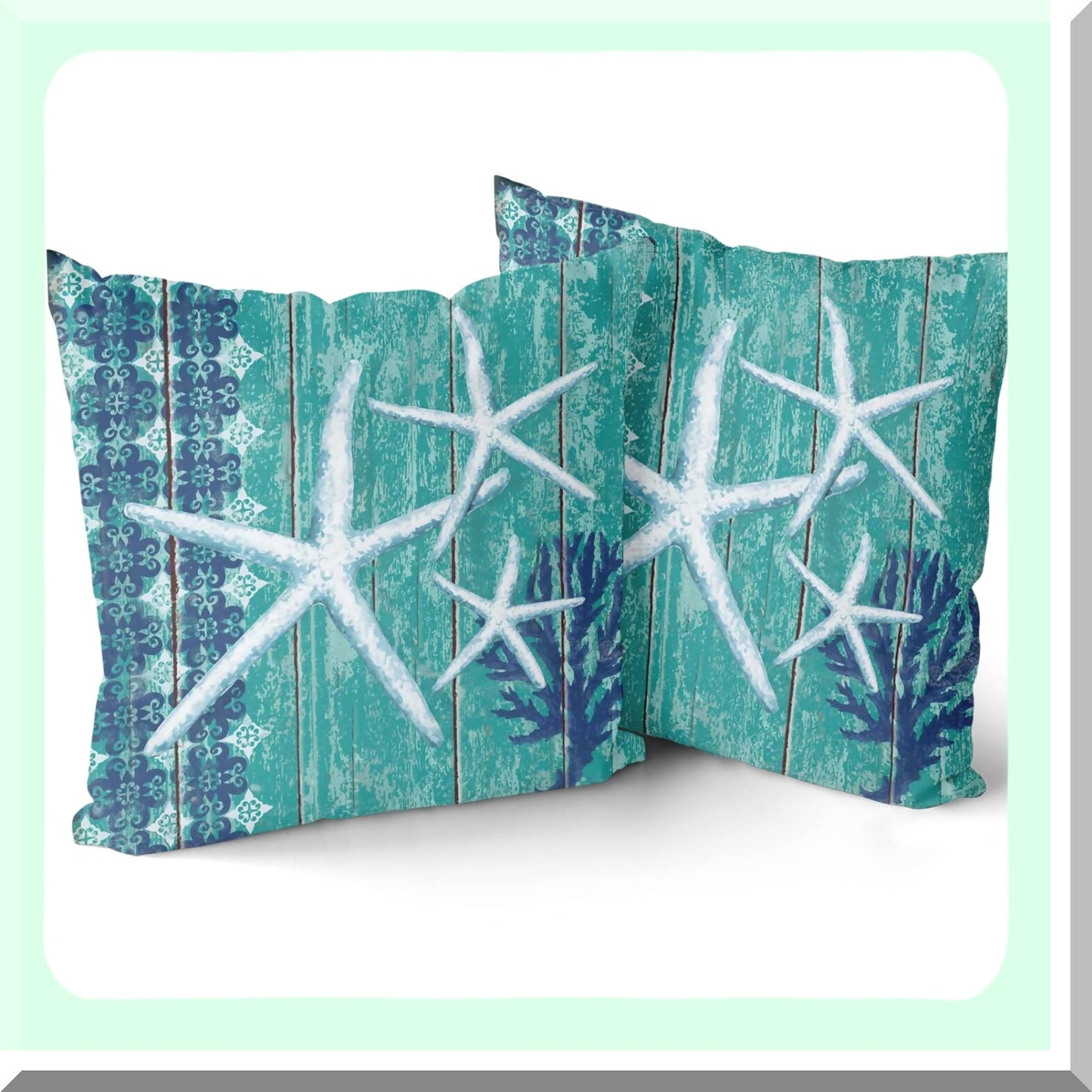 Coastal Starfish Summer Pillow Covers - Set of 2 Beach Theme Cotton Cushion Cases for Outdoor Sofa & Living Room Decor - Nautical Wodden Design