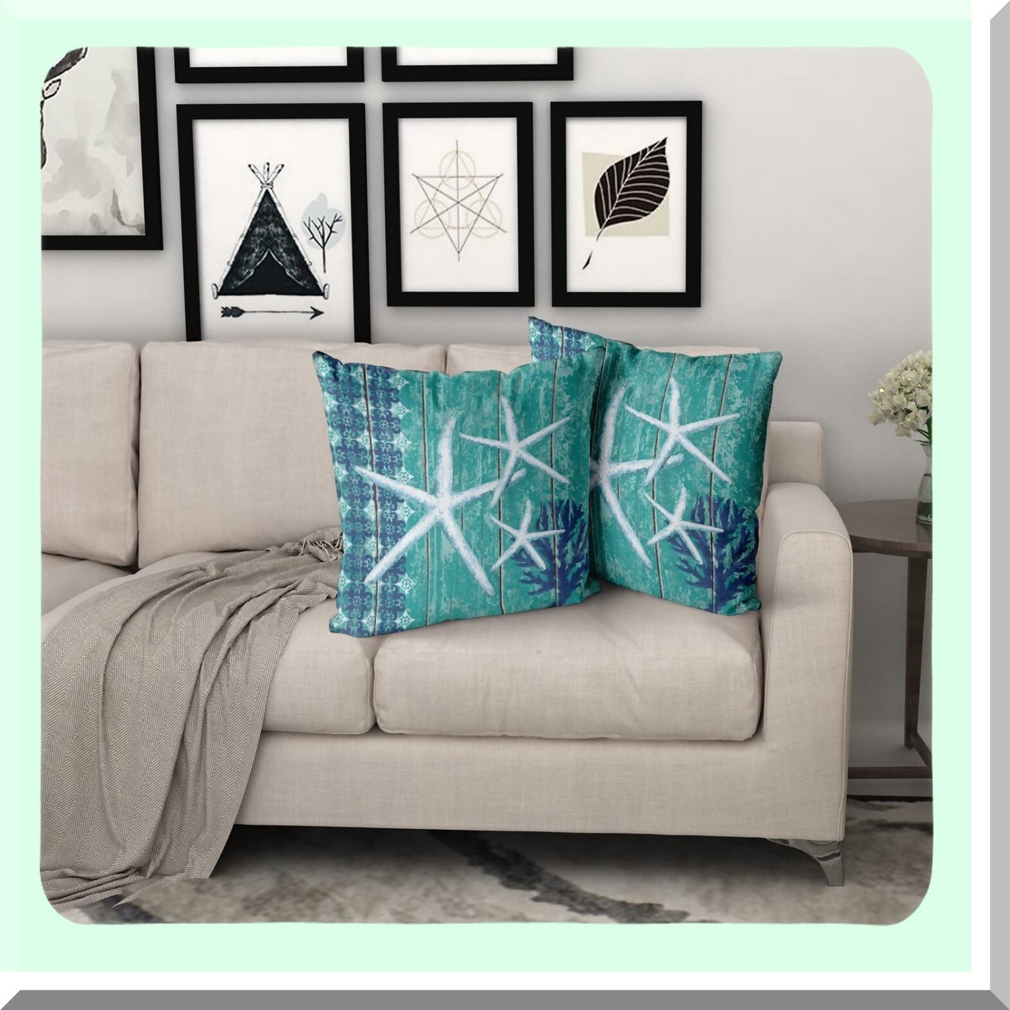 Coastal Starfish Summer Pillow Covers - Set of 2 Beach Theme Cotton Cushion Cases for Outdoor Sofa & Living Room Decor - Nautical Wodden Design