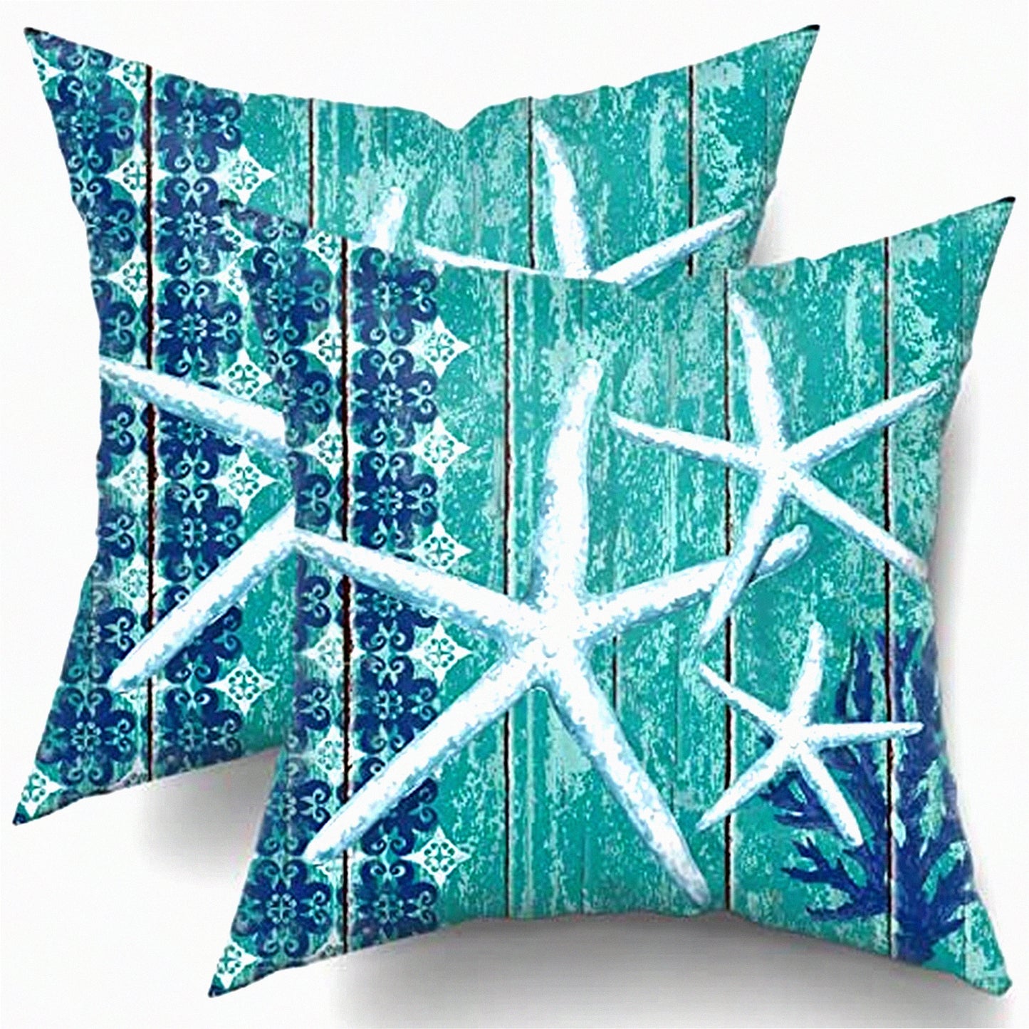 Coastal Starfish Summer Pillow Covers - Set of 2 Beach Theme Cotton Cushion Cases for Outdoor Sofa & Living Room Decor - Nautical Wodden Design