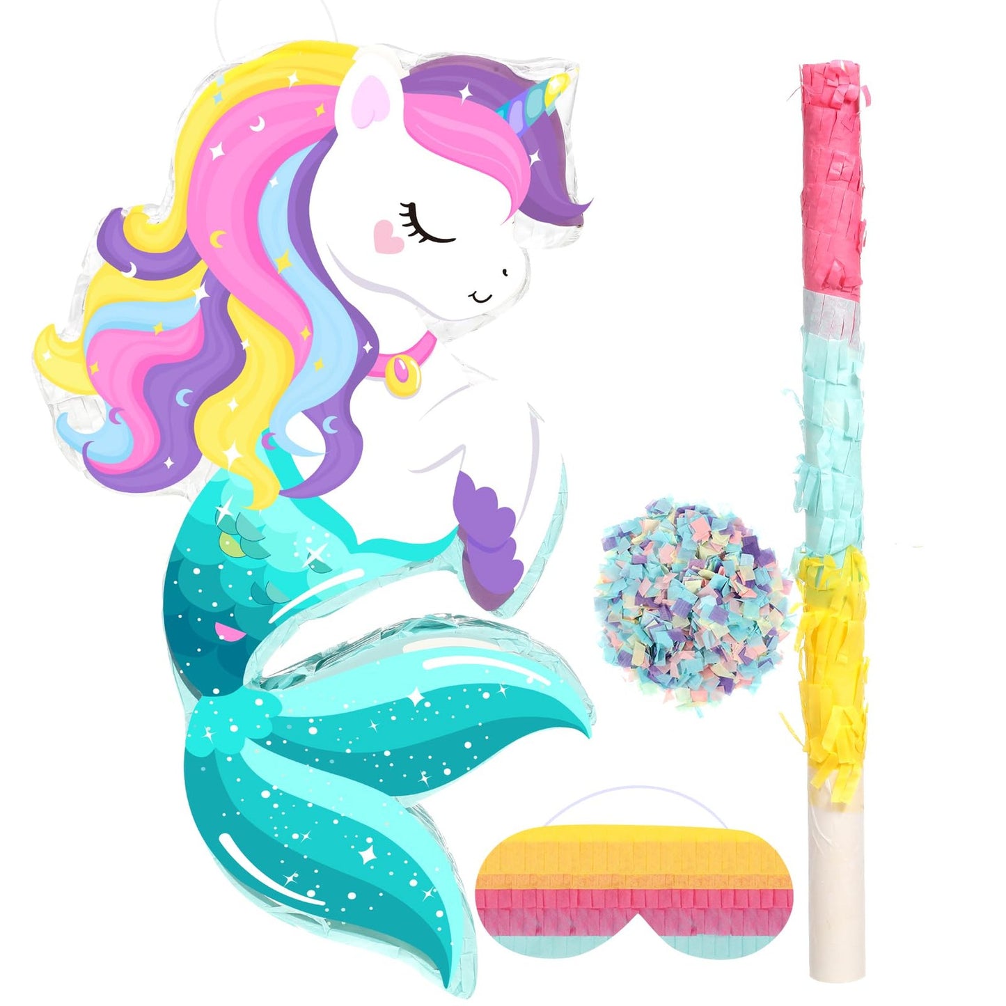 Rainbow Unicorn Party Pack - Includes Small Pinata, Stick, Blindfold & Confetti! Perfect for Girls Birthday, Princess Parties & Fiestas! Unicorn Mermaid Theme!