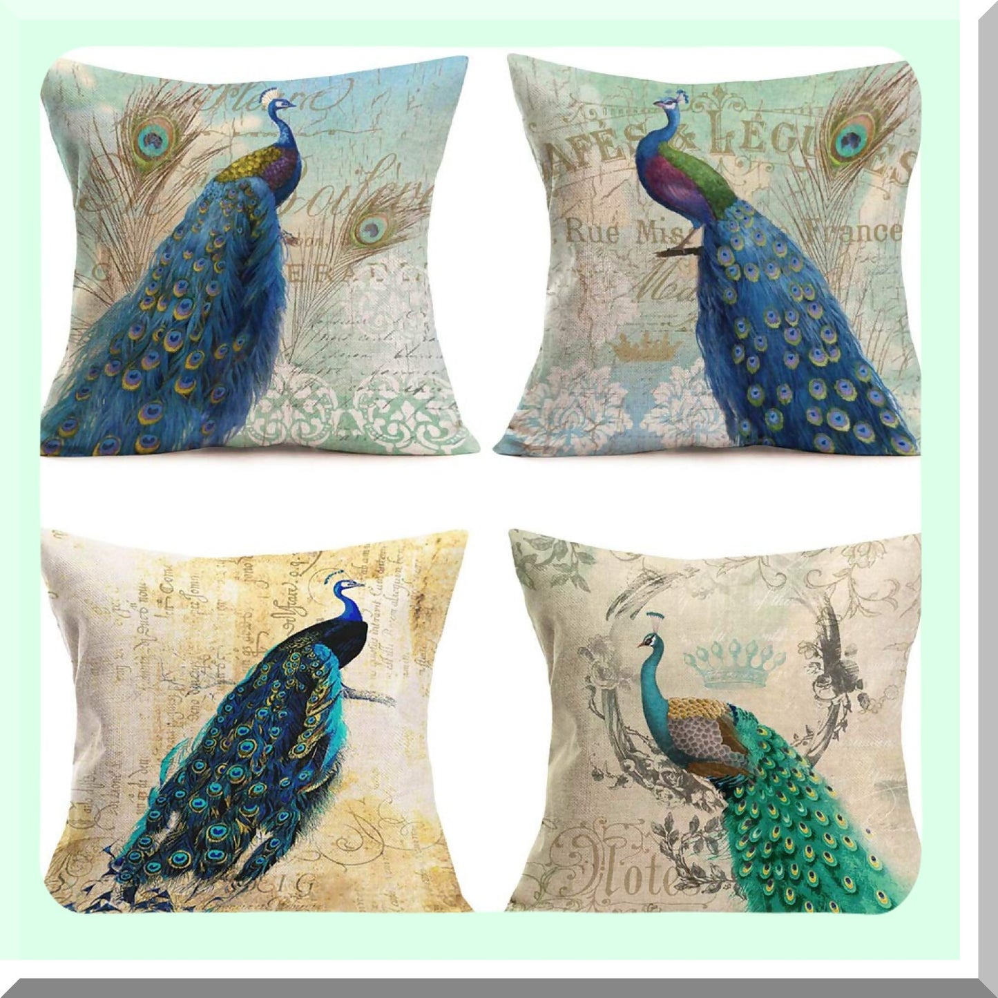 Farmhouse Peacock Pillowcase Set - Retro Style Animal Cushion Covers - Green Blue Decorative Throw Pillow Covers - 20x20 Inch Square Case Set of 4