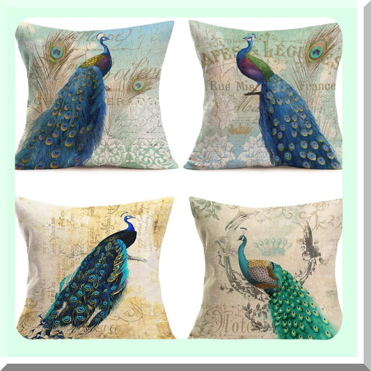Farmhouse Peacock Pillowcase Set - Retro Style Animal Cushion Covers - Green Blue Decorative Throw Pillow Covers - 20x20 Inch Square Case Set of 4