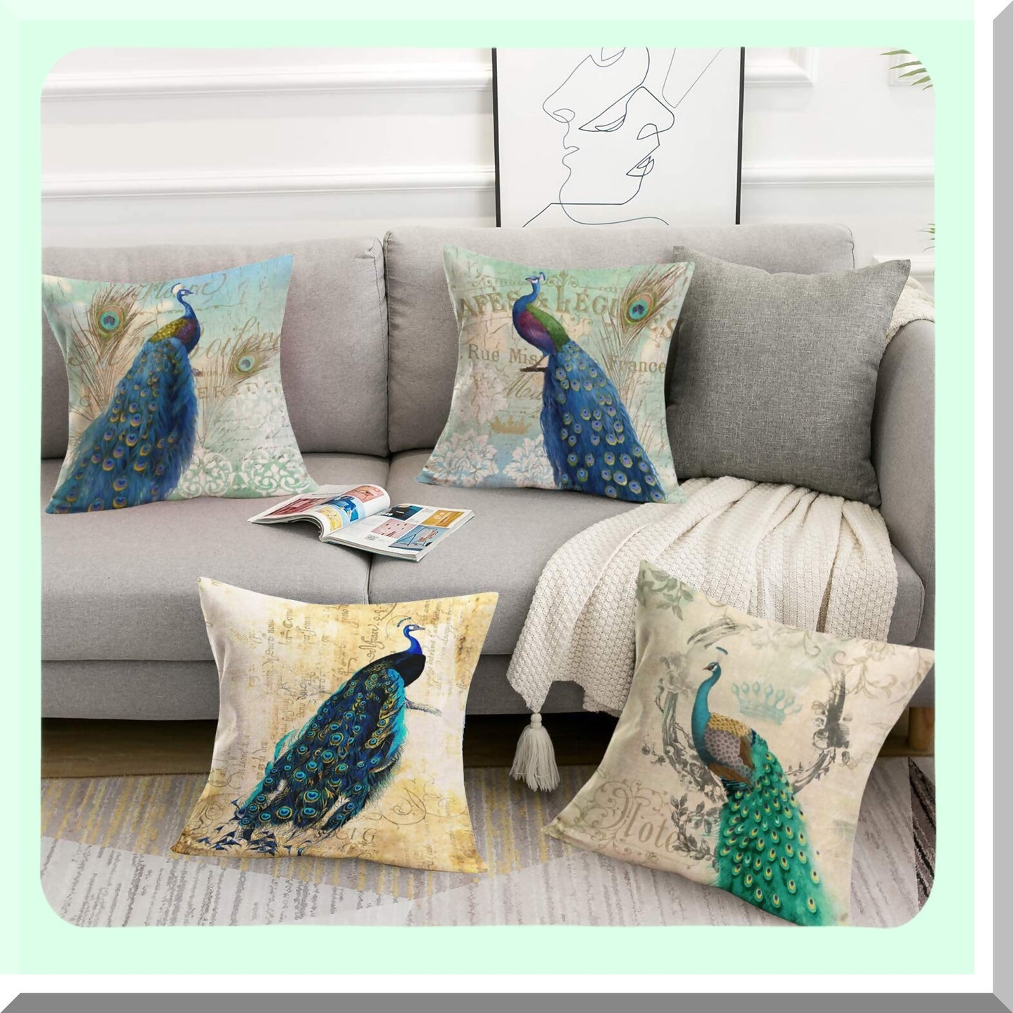 Farmhouse Peacock Pillowcase Set - Retro Style Animal Cushion Covers - Green Blue Decorative Throw Pillow Covers - 20x20 Inch Square Case Set of 4