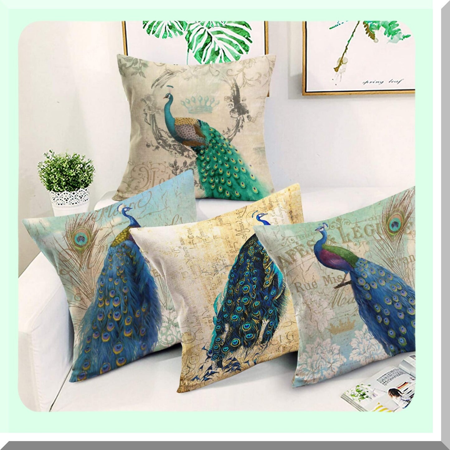 Farmhouse Peacock Pillowcase Set - Retro Style Animal Cushion Covers - Green Blue Decorative Throw Pillow Covers - 20x20 Inch Square Case Set of 4