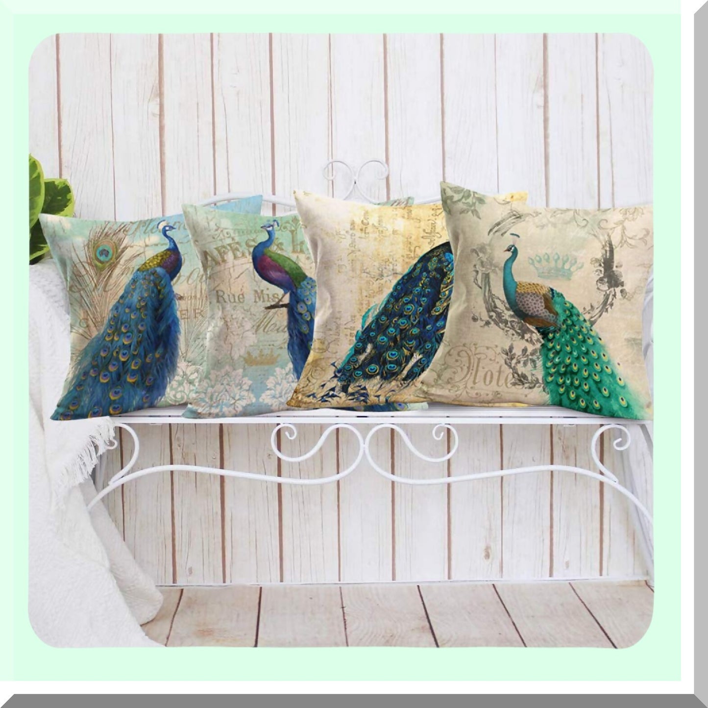 Farmhouse Peacock Pillowcase Set - Retro Style Animal Cushion Covers - Green Blue Decorative Throw Pillow Covers - 20x20 Inch Square Case Set of 4