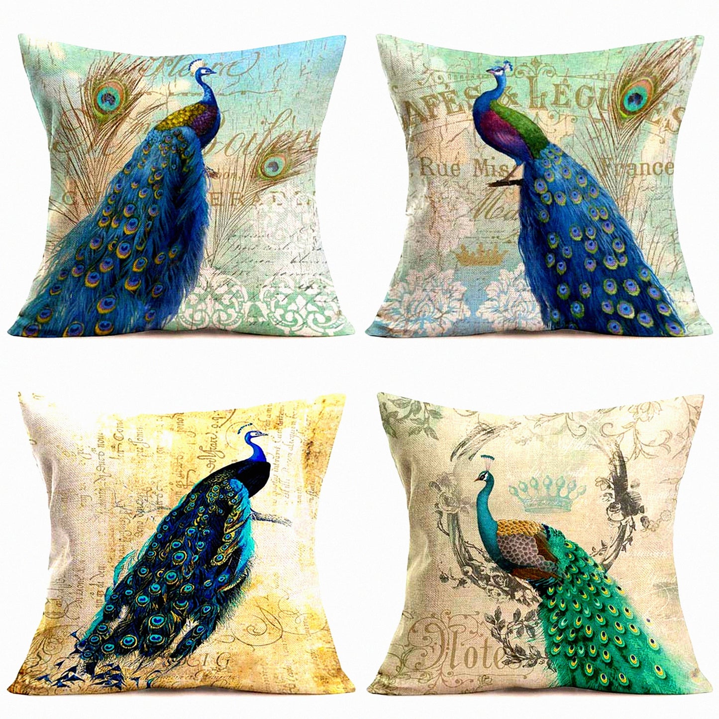Farmhouse Peacock Pillowcase Set - Retro Style Animal Cushion Covers - Green Blue Decorative Throw Pillow Covers - 20x20 Inch Square Case Set of 4