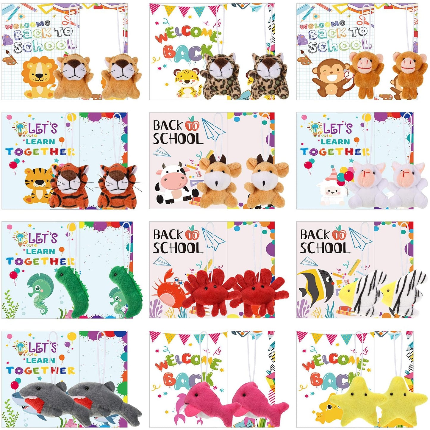 School Buddies Mini Plush Toy Set - 24 Pack Classroom Gifts for Students, First Day Goodie Bag Fillers with Wish Card, Party Favors