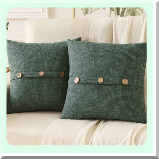 Vintage Emerald Green Linen Throw Pillow Covers - Set of 2, 18x18 Inch Square Cushion Cases with 3 Buttons - Modern Farmhouse Decor for Couch and Bed