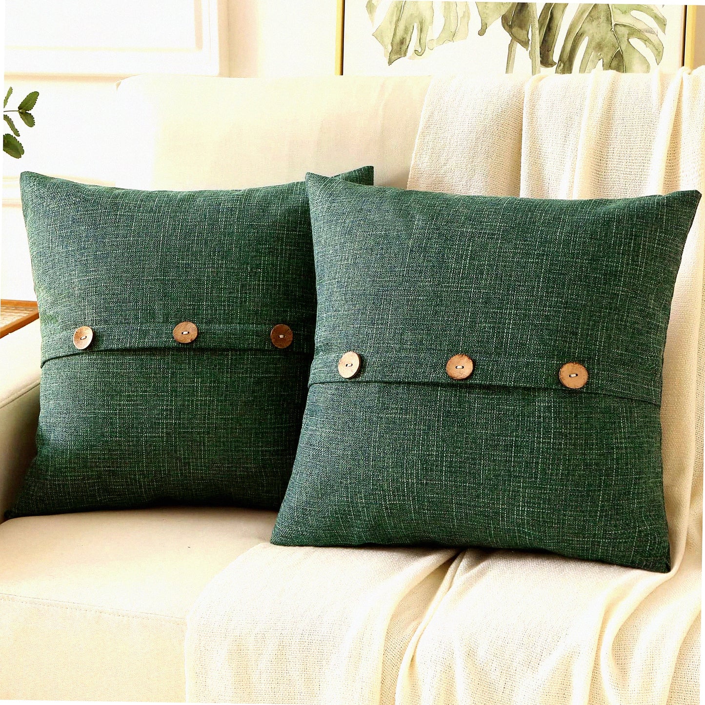 Vintage Emerald Green Linen Throw Pillow Covers - Set of 2, 18x18 Inch Square Cushion Cases with 3 Buttons - Modern Farmhouse Decor for Couch and Bed