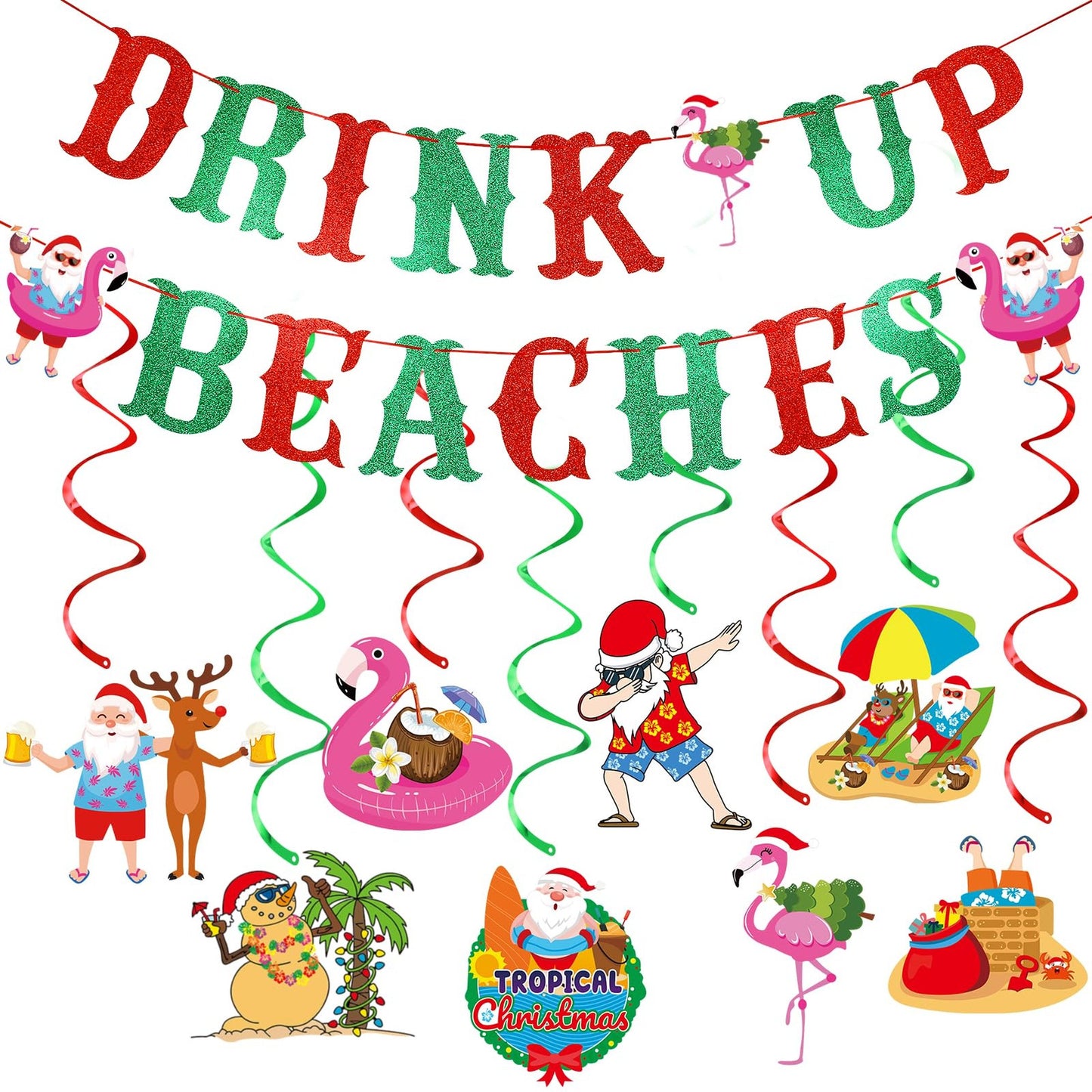 Glitter Beaches July Party Banner - Hawaiian Tropical Decorations for Beach Party - Red and Green Beaches Banner for July Celebration