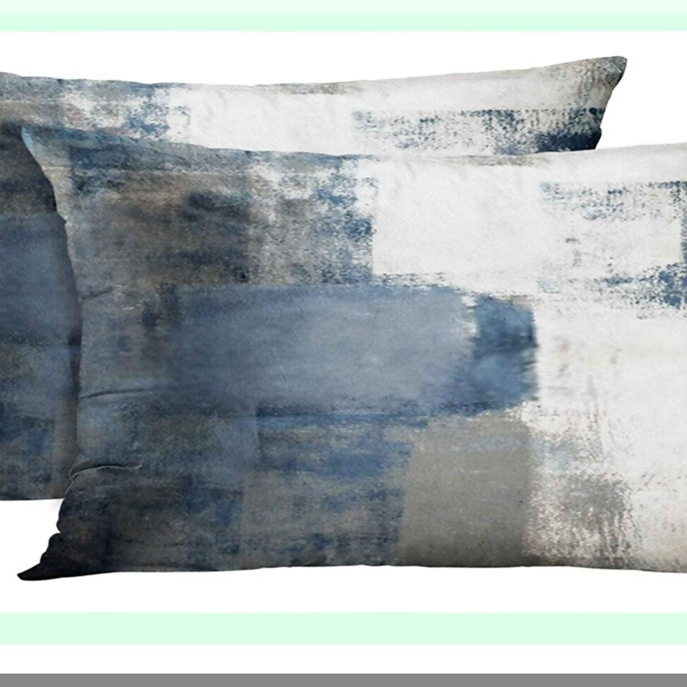 Blue Grey Abstract Lumbar Pillow Covers - Modern Art Painting Style Decorative Cushions - Contemporary Rectangle Design Pillowcases 12" x 20"