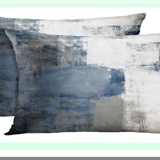 Blue Grey Abstract Lumbar Pillow Covers - Modern Art Painting Style Decorative Cushions - Contemporary Rectangle Design Pillowcases 12" x 20"