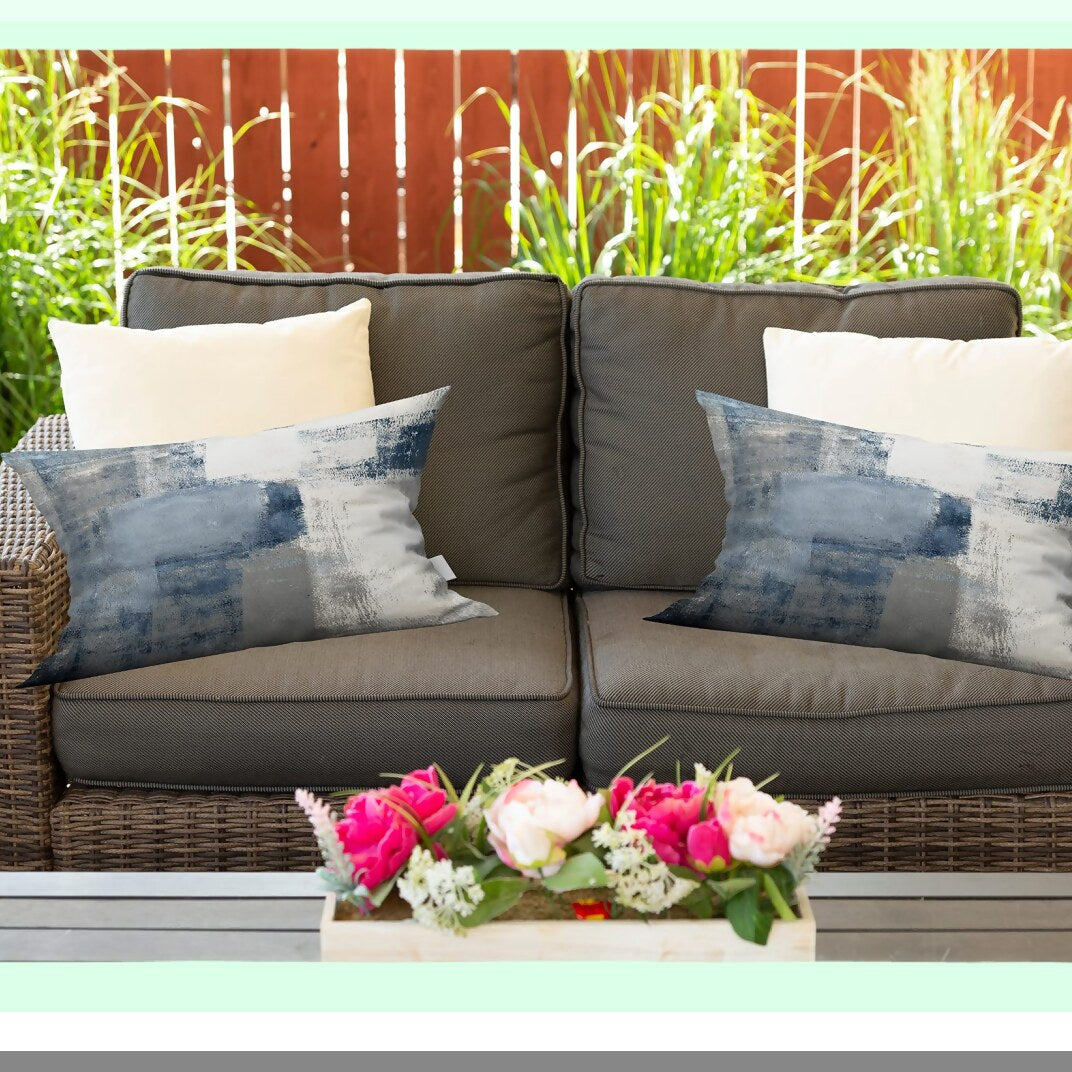 Blue Grey Abstract Lumbar Pillow Covers - Modern Art Painting Style Decorative Cushions - Contemporary Rectangle Design Pillowcases 12" x 20"