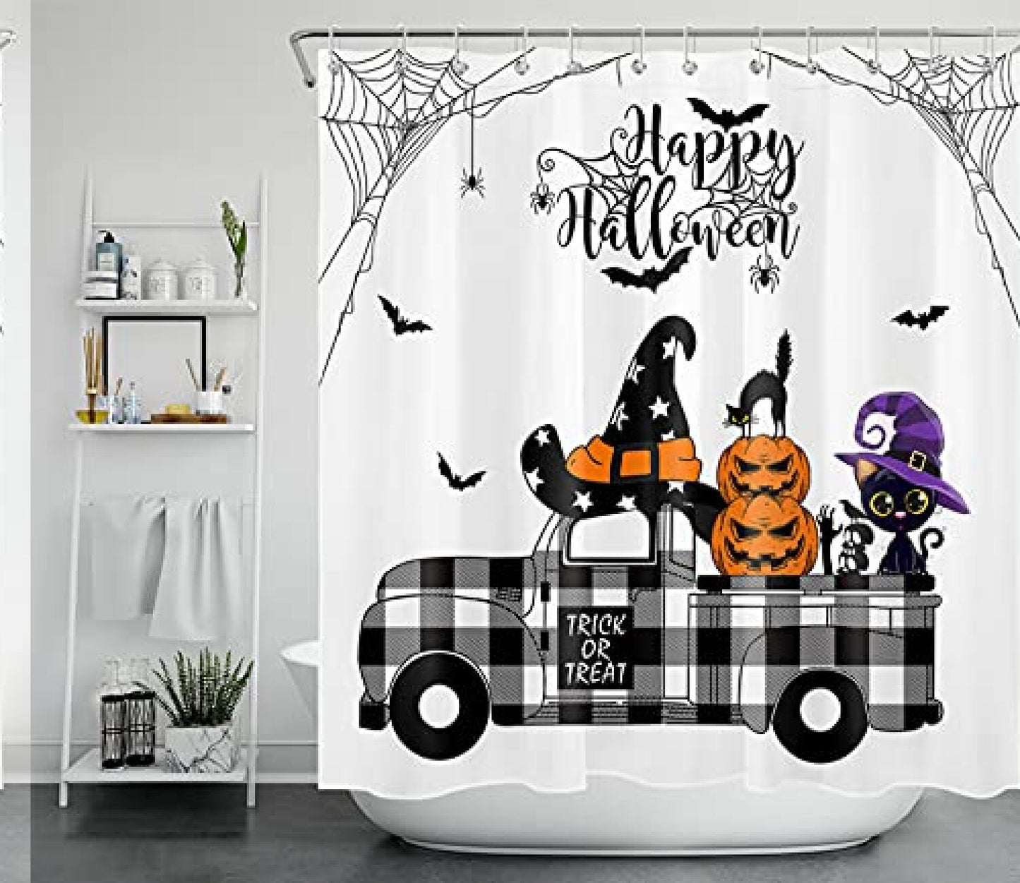 Happy Halloween Black White Plaid Shower Curtain 72x72 Inch