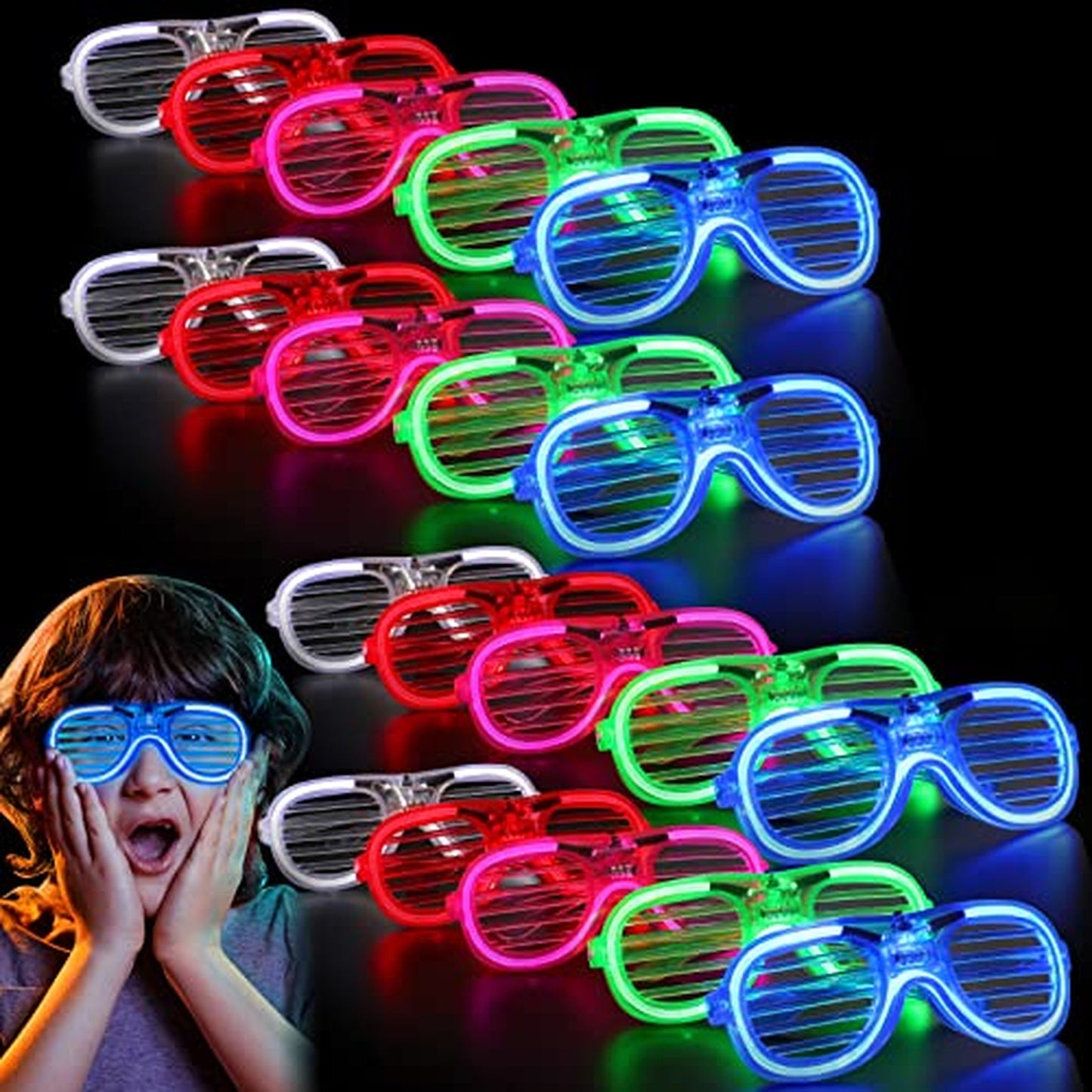 GlowParty Neon Gles - 20 Pack LED Light Up Gles in 5 Colors for Kids & Adults. Perfect for Birthday Parties with 3 Flashing Modes.