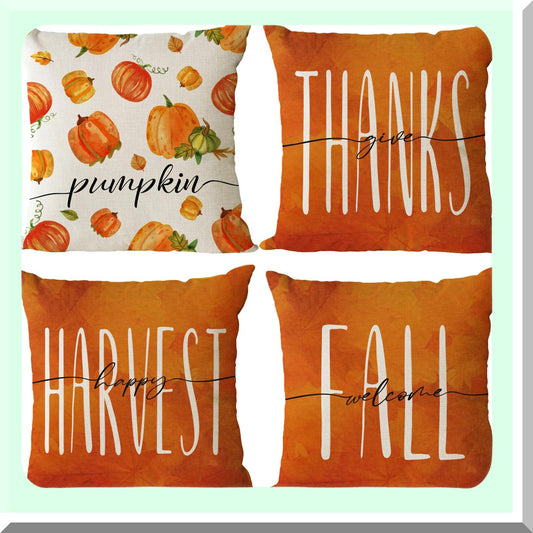 Autumn Harvest Pillow Cover Set - Thanksgiving Pumpkin Orange Cushion Covers for Outdoor Sofa & Couch - Fall Decorations 18x18 Inch - Set of 4