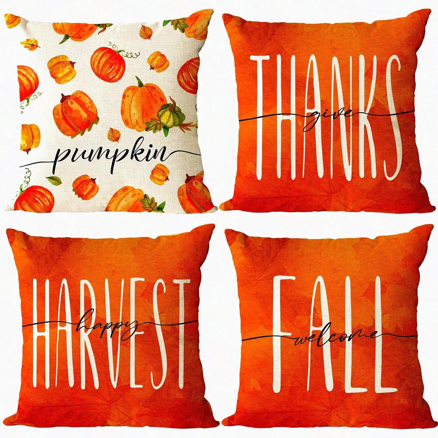 Autumn Harvest Pillow Cover Set - Thanksgiving Pumpkin Orange Cushion Covers for Outdoor Sofa & Couch - Fall Decorations 18x18 Inch - Set of 4