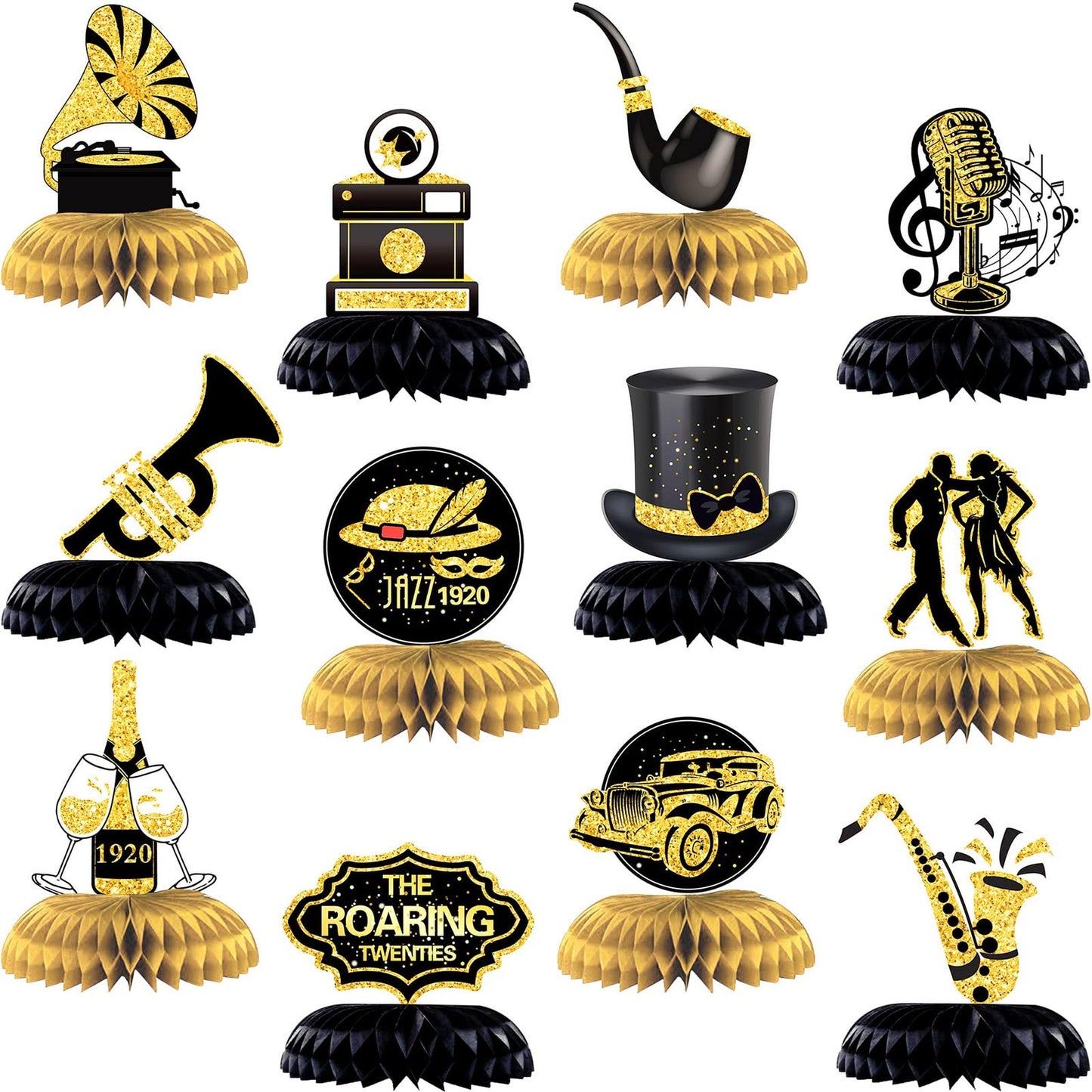 Roaring 20s Honeycomb Music Centerpiece - Vintage Flapper Party Decor - 12 Piece Set for Birthday, Wedding, and Themed Events