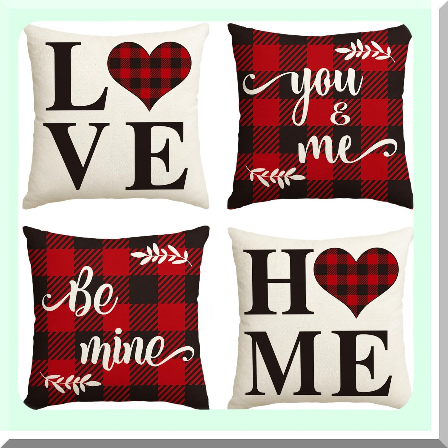 Holiday Love Plaid Pillow Cover Set - 16x16 Inch Anniversary Wedding Cushion Case for Sofa Couch - Set of 4 - Valentine's Day Saying Buffalo