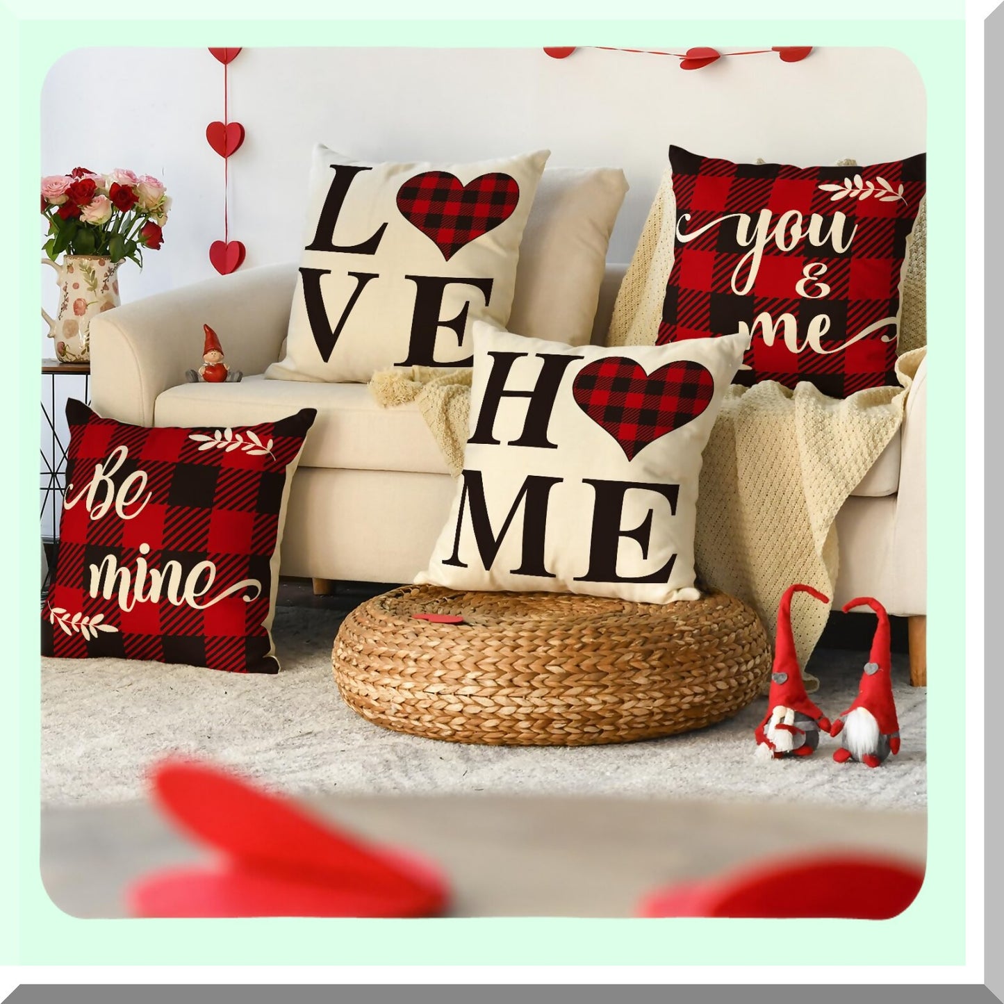 Holiday Love Plaid Pillow Cover Set - 16x16 Inch Anniversary Wedding Cushion Case for Sofa Couch - Set of 4 - Valentine's Day Saying Buffalo