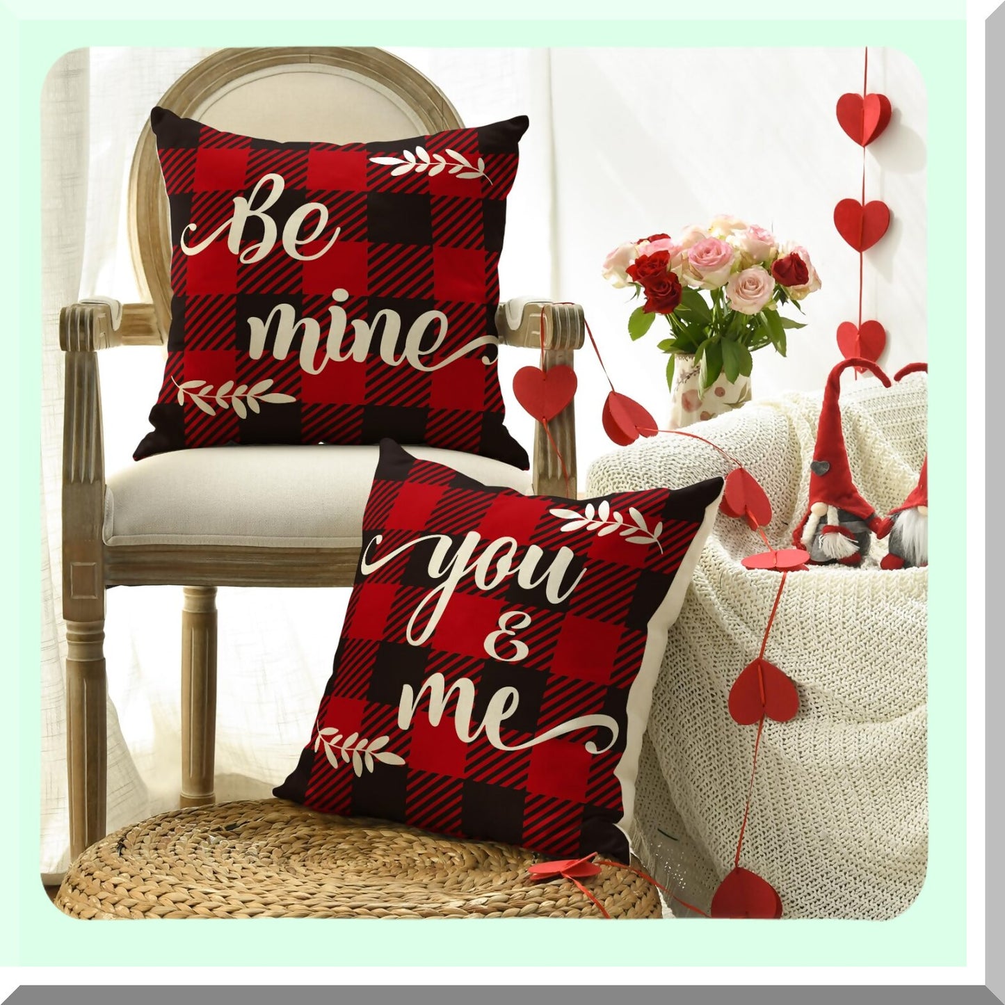Holiday Love Plaid Pillow Cover Set - 16x16 Inch Anniversary Wedding Cushion Case for Sofa Couch - Set of 4 - Valentine's Day Saying Buffalo