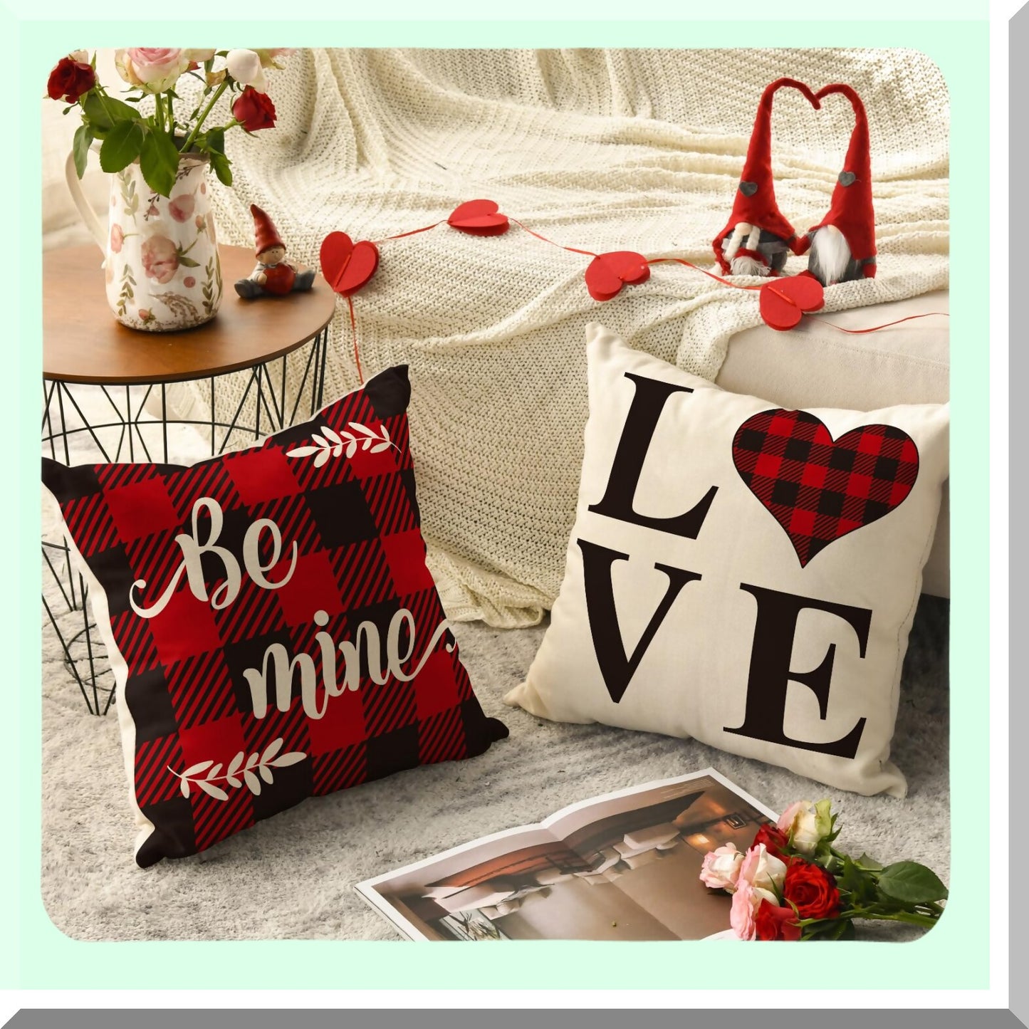 Holiday Love Plaid Pillow Cover Set - 16x16 Inch Anniversary Wedding Cushion Case for Sofa Couch - Set of 4 - Valentine's Day Saying Buffalo