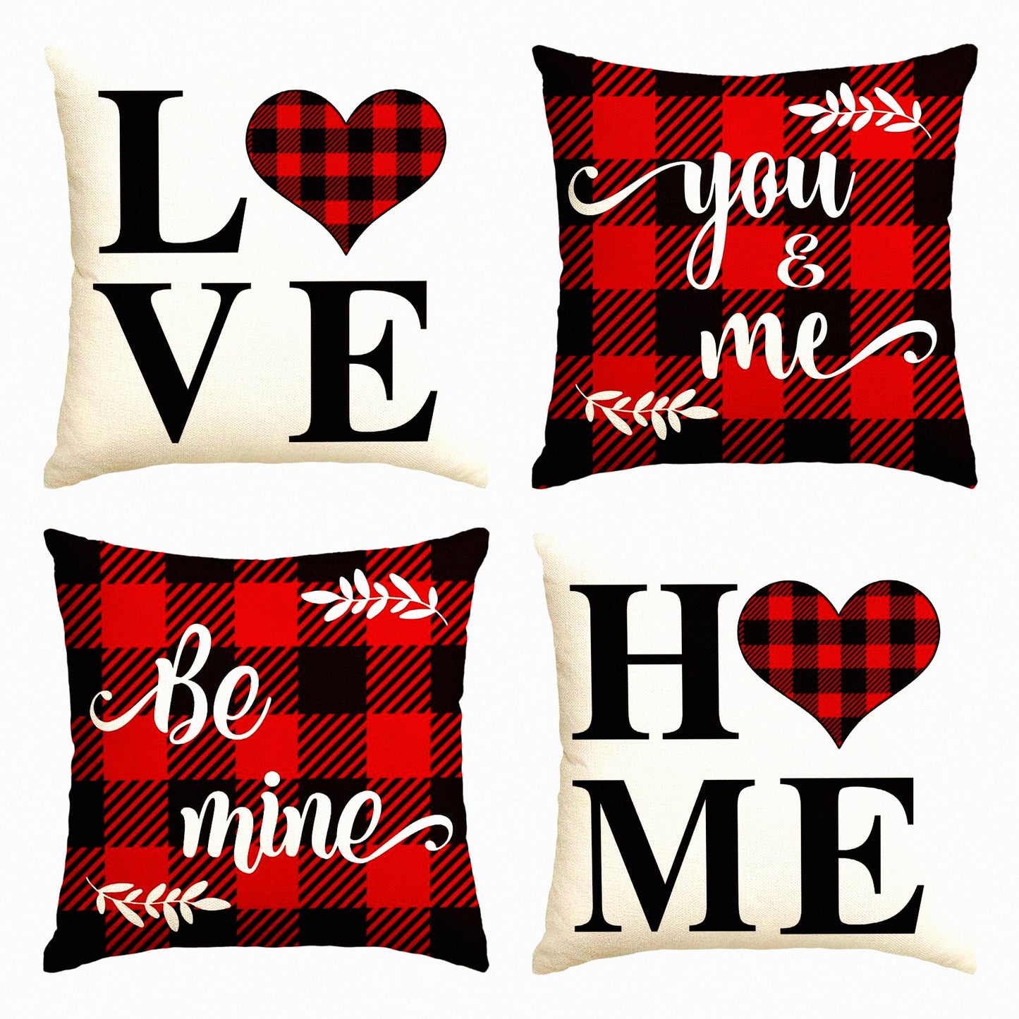 Holiday Love Plaid Pillow Cover Set - 16x16 Inch Anniversary Wedding Cushion Case for Sofa Couch - Set of 4 - Valentine's Day Saying Buffalo