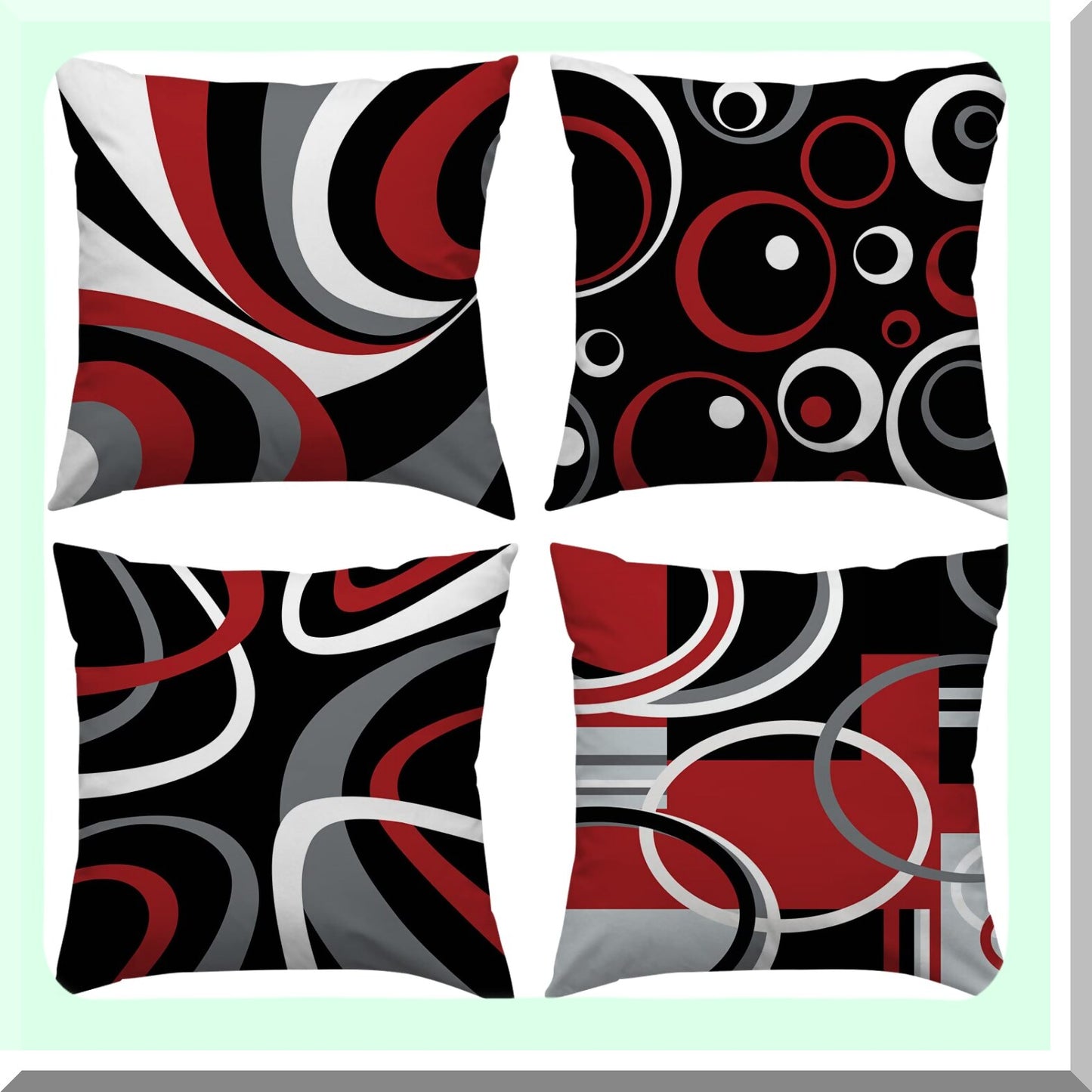 Abstract Circle Decor Pillow Set - Red Black Grey 18x18 - Geometric Pattern Sofa Couch Living Room Bedroom Outdoor - Modern Pillowcases 4 Pack